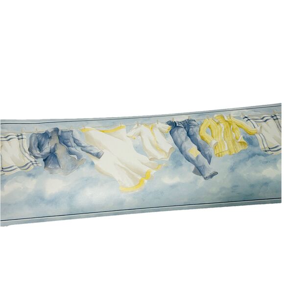 Village Clothesline Vinyl Wallpaper Border Lot of 2 Blue Yellow Laundry Room NEW - Picture 1 of 10